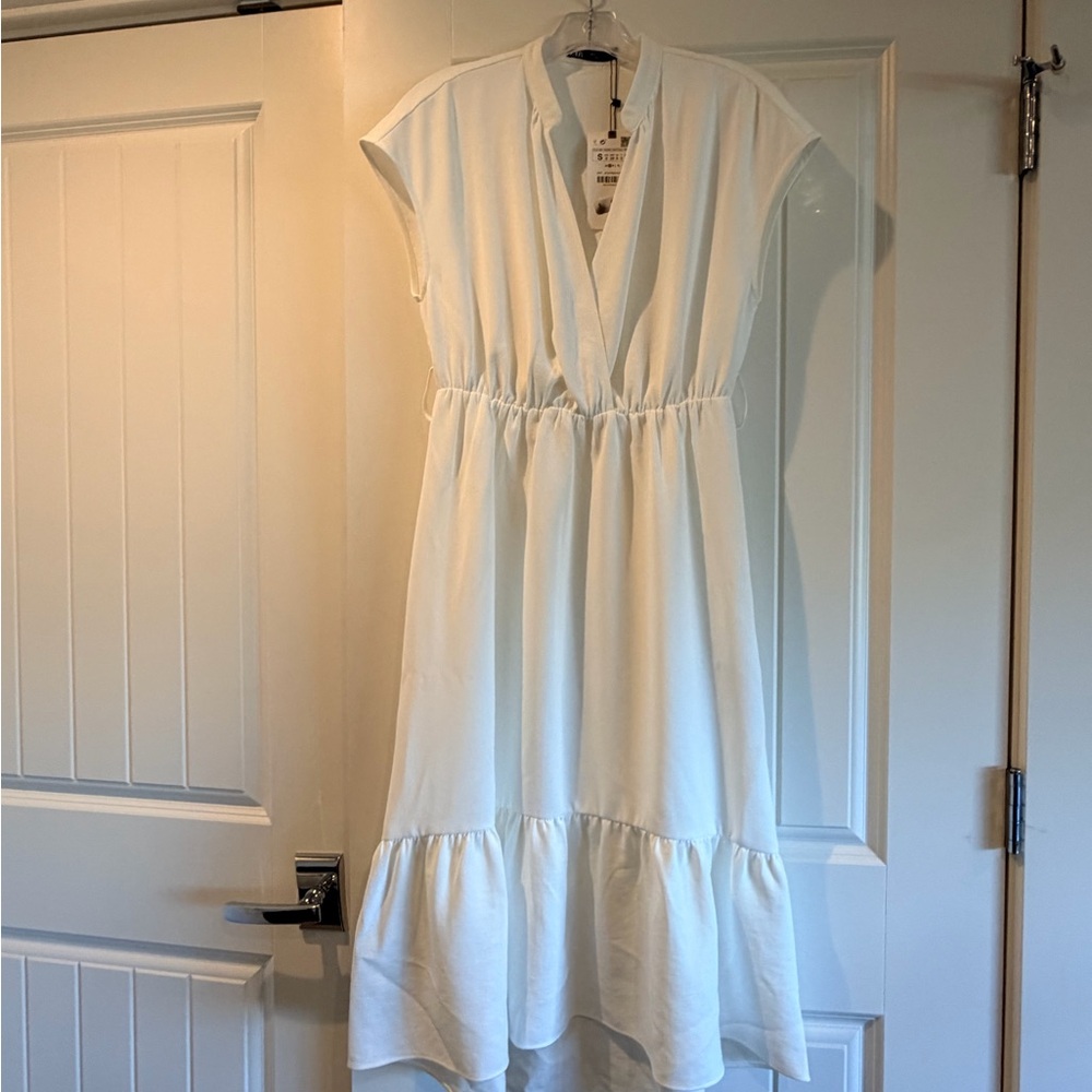 Zara White V-Neck Tiered Midi Dress